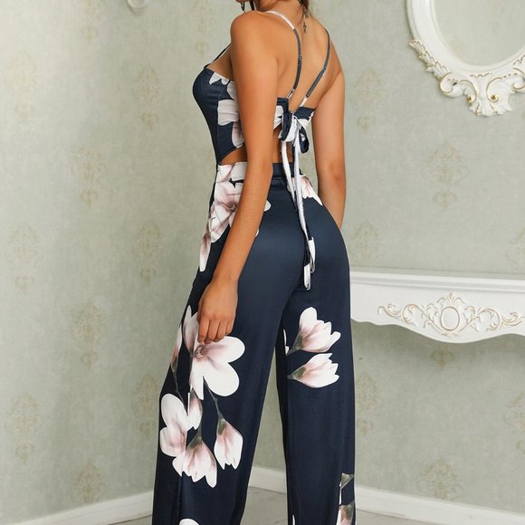 Boho Navy Blue Floral Wide Leg Jumpsuit - Picture 3 of 8